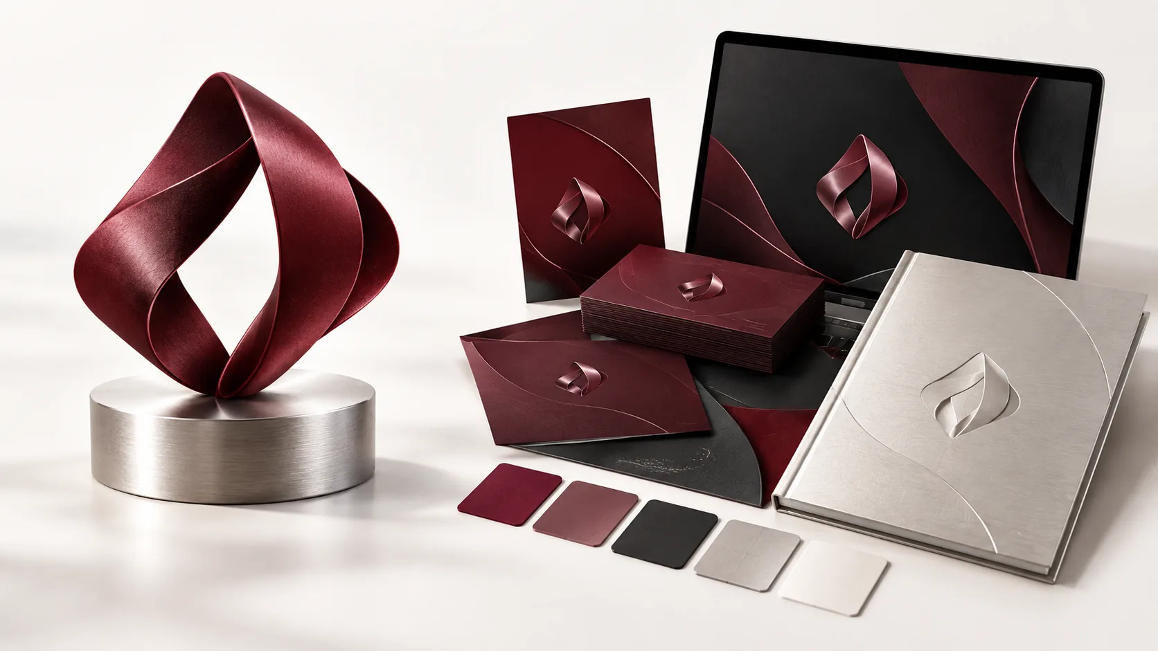 Abstract maroon 3D composition illustrating a logo within a wider visual identity system